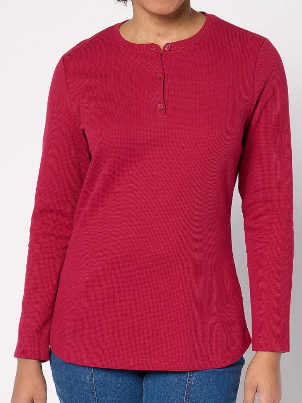 Denim & Co. Essentials Waffle Knit Henley Top,Cranberry Sz XXS a677464